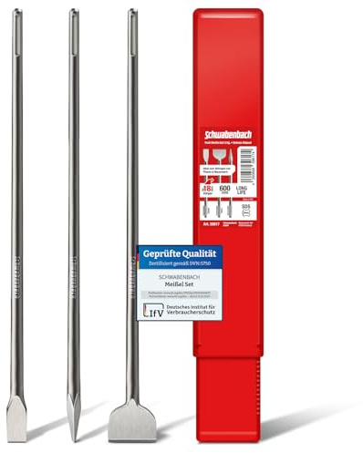 SCHWABENBACH® Jeu de Burins SDS Max 600 mm – 3 Pièces (25 mm + 50 mm + pointe) – Acier 40Cr ultra robuste – Burin Plat, Large et Pointu – Pour Marteaux Perforateurs SDS Max