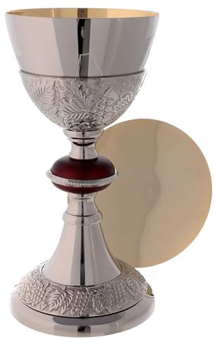Holyart Gold plated brass chalice with paten with turned red node