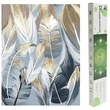 DCIDBEI Diamond Painting Foglie di Palma 40x50cm Oro Albero Tropicale Foglie di Palma Tela Puzzle con Brillantini Foglie Bianche Pittura con Numeri Adulti Piuma Bianco Oro Moderna Paint by Diamonds
