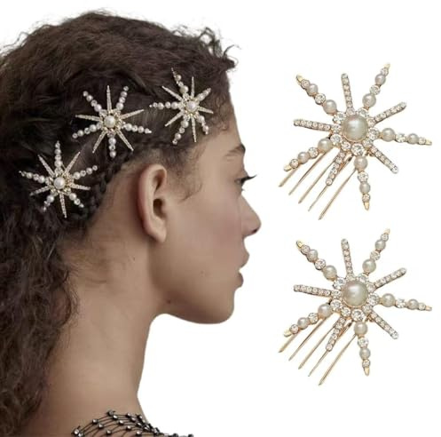 Ypkia 2 Stück Schneeflocken Haarkamm zum Stecken Metall mit Perlen Strass Haar Steckkamm Für Frauen Damen Y2k Haarschmuck (gold)