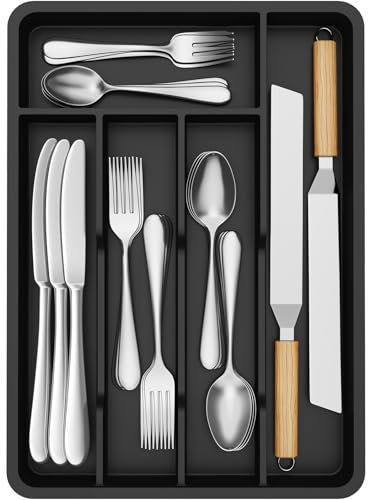 Lifewit Portaposate da Cassetto, Organizer Posate da Cassetto, Porta Posate Cucina Cassetto, 24x34 cm, Contenitore per Posate per Cucchiai, Forchette, Coltelli, Stoviglie, 5 Scomparti, Nero