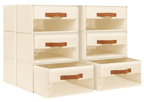 DIMJ Wardrobe Storage Drawer Organiser - 6 Pack Fabric Stackable Baskets for Clothes Organization, Foldable Closet Organisers with Clear Window for Bras, Underwear,Socks,Bedroom, Beige