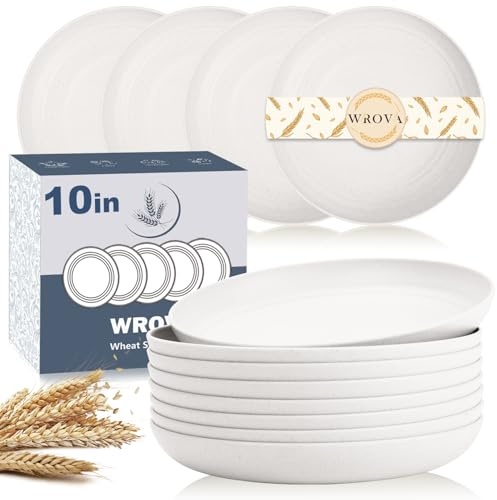 Wrova Wheat Straw Plates - 10 Inch Unbreakable Dinner Plates Set of 8 - Dishwasher & Microwave Safe Plastic Plates Reusable for kitchen and camping (White)