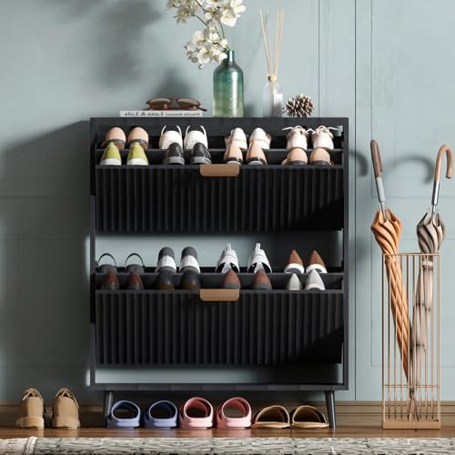 QIVOMIX Shoe Cabinet Storage,Modern Freestanding Organizer with 2 Flip Drawers,Narrow Shoe Rack Cabinet for Entryway,Black