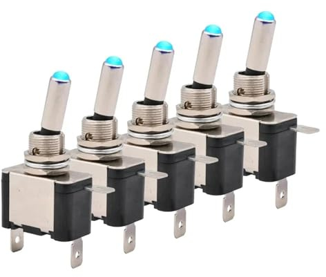 5 pezzi Interruttore a levetta illuminato 12V DC a scatto 2 posizioni 3 pin ON OFF 20A LED rosso verde bianco for auto barca camion(Blue LED)