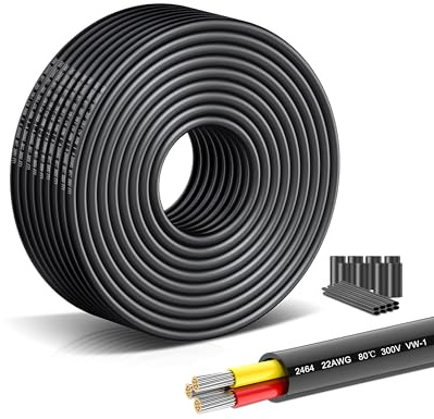 22 Gauge Stranded Copper Wire 22/3 AWG Oxygen-Free Hookup Cable - 49.21FT UL2464 Certified Flexible PVC Cord for LED Strip Lighting, Car Audio Systems, 5V/12V/24V Low Voltage Applications