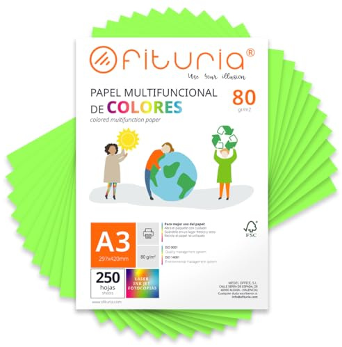 OFITURIA Folios de Colores A3 80gr, Pack 250 Hojas – Papel Verde Fluor para Manualidades, Impresora y Scrapbooking – Folios A3 Colores – Ideal Origami, Oficina y Escuela (Verde Fluor)