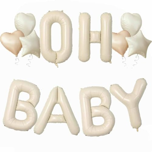 OH BABY Luftballon, 16 Zoll Creme Oh Baby Balloons Cremeweiß OH BABY Buchstaben Foilballons mit Herz Ster Folienluftballon für Junge Mädchen Babyparty Baby Shower Deko