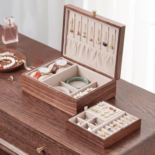 Homruilink Holzschmuckkasten mit Haken für Halsketten, Geschenk für Frauen | Praktischer Handgriff ermöglicht einfaches Tragen, sichere Aufbewahrung kleiner Stücke, Geschenk für Frauen
