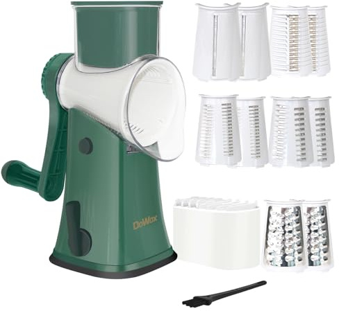 DOWOX Käsereibe, 5-in-1 Gemüseschneider, mit 5 Paar austauschbare Trommelblätter, Schneller Schneiden, Reinigungsbürste, Klingenaufbewahrungsbox – Für Käse, Gurken, Karotten, Nüsse usw(Grün)
