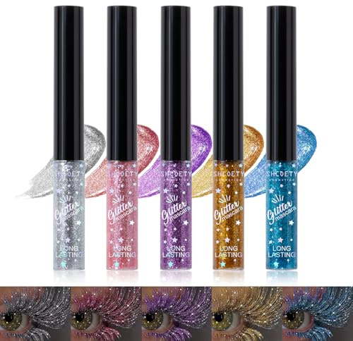 Mrettick 5PCS Glitzer Mascara, definiert langanhaltende & wasserfeste Wimpern, Diamantfunkel-Mascara, voluminöses Verlängern für Halloween-, Weihnachts- und Ballpartys