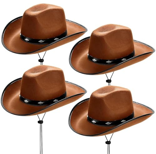 TESIN 4 Stück Retro Cowboyhüt für Erwachsene, Braun Western Cowboyhut mit formbarer Krempe für Männer & Frauen, ideal für Kostüm, Fasching, Karneval, Mottoparty, Cosplay