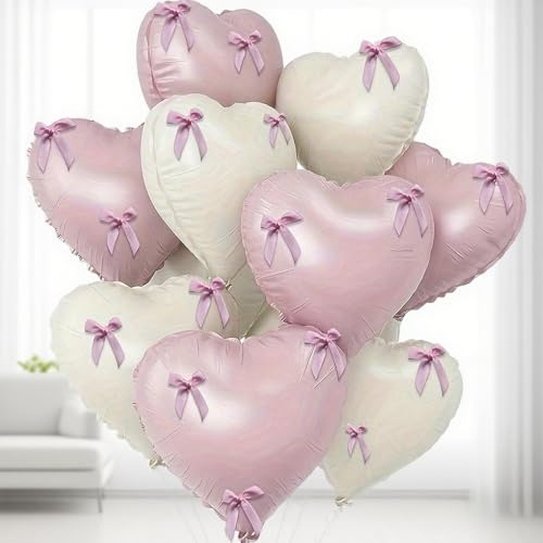 Pink Balloons, Helium, Heart Balloons with Bow - HSC 10Pcs 18Inch Pink and White Heart Foil Balloon for Wedding, Anniversary, Engagement, Birthday Decorations