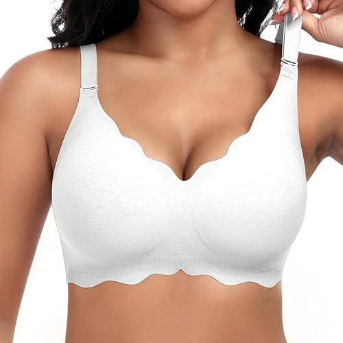 Jiuday Damen BH ohne Bügel Spitzen Soft BH Große Brüste Starker Halt Push Up Bügelloser BHS Gepolstert Seamless Bequemer Nahtloser Bra V-Ausschnitt Bralette (Weiß,XL)