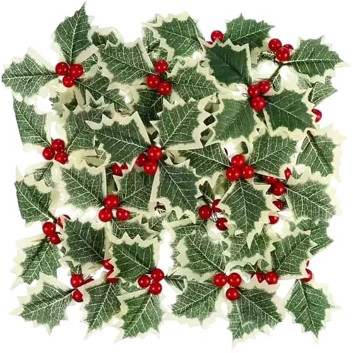 HiyyFloy 50 Bayas De Acebo Artificiales con Hojas Verdes, Tallos De Bayas Falsas para Navidad, Decoraciones para Festivales De Año Nuevo.