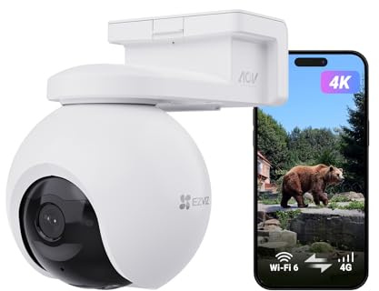EZVIZ 4G LTE & Wi-Fi 4K Trådlös övervakningskamera med 10400mAh Batteri, AOV-läge, Identifiering av 20+ Djurformer, Detektering av Människor/fordon, Färg Nattseende, 360° PTZ Kamera, Camera EB8 Pro