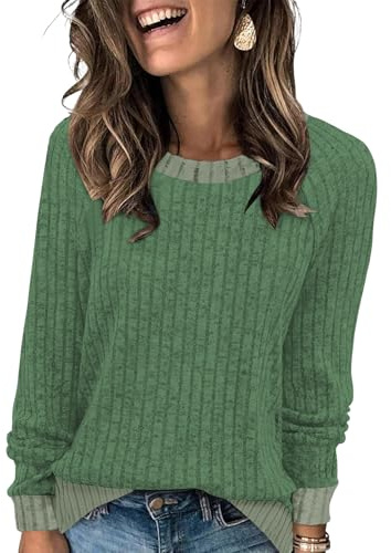 Cuptacc Jersey Mujer Elegante Cómoda Cálido Manga Larga Suéter Casual Loose Cuello Redondo Jersey Moda Bloques De Color Sudaderas Verde Claro XL