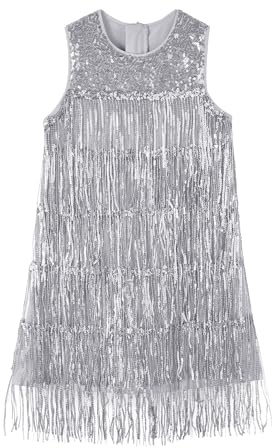 Miipat Vestido con Lentejuelas y Borlas para Niñas, Brillantes Carnaval Vestido con Pailletas Sin Mangas Vintage 20's Vestidos con Flecos Flapper de Fiesta(Plateado,3-4 Años)