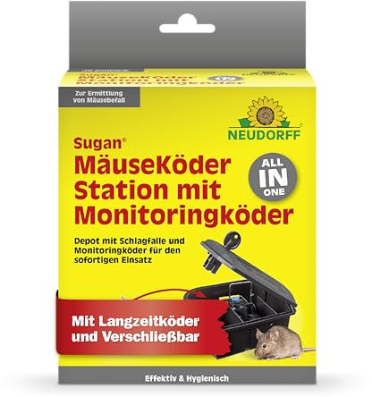 Neudorff Sugan MäuseKöderStation mit Monitoringköder – Verschließbares Schlagfallen-Box mit Langzeitköder bekämpft sicher Mäuse, 1 Stück