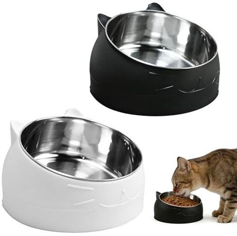 Kattskål, 2 stycken matskålar i rostfritt stål, 15° lutande matskål katt, 400 ml kattskål upphöjd, vattenutfodring skål avtagbar