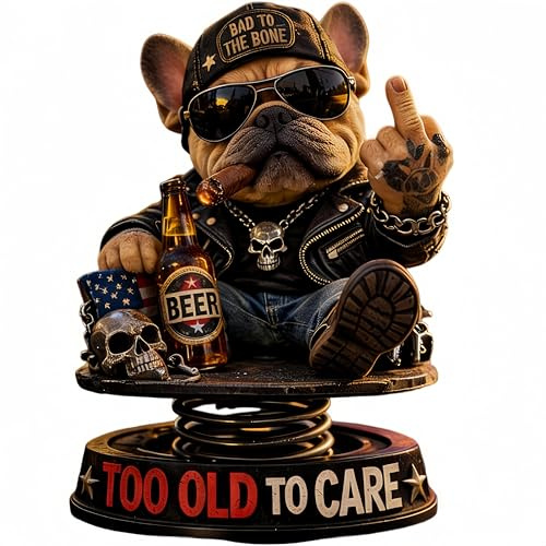 Generisch „Too Old to Care“ Bulldoggen-Wackelkopf – Lustige Deko-Figur aus Kunstharz – Stabile & einfache Anbringung auf dem Armaturenbrett – Für Hundeliebhaber (AAA)