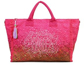 YNOT Borsa Mare Tote Macao MAC001S6, Nylon con Effetto Intrecciato Sfumato, Strass e Frange, 57x33,5x19 cm, Guava