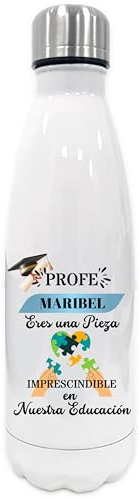 Botella Térmica Personalizada con Nombre, Botella de Agua Color Blanco, Tapa de Acero Inoxidable, Regalo Profesores y Profesoras, Modelo Profe Corazon Puzzle