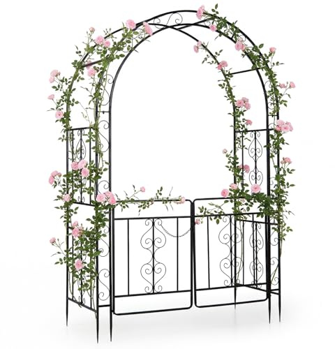 COSTWAY Rosenbogen mit Tür, Gartenbogen aus Metall stabil, 135 x 60 x 213cm | Torbogen Garten, Rankbogen für Kletterpflanzen, Rankhilfe Rankgitter Rundbogen, inkl. Erdspieße, für Hochzeit Partys