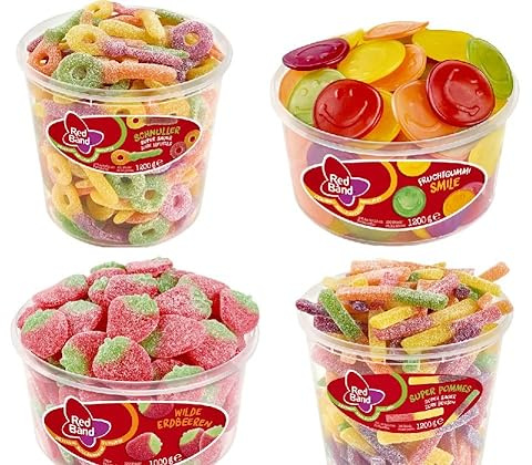 4 Dosen Red Band Mix - Fruchtgummi Smile, Wilde Erdbeeren,Super Saure Pommes,super saure Schnuller