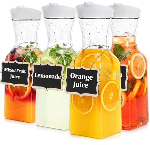Jucoan 4 Pack 1 Liter Plastic Juice Carafe with Lids for Mimosa Bar, Brunch, Clear Water Carafes with Flip Top Lid for Iced Tea, Beverage, Milk, Cold Brew, Lemonade, Mimosa Bar Supplies