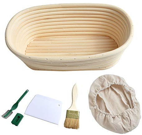 SWECOMZE Gärkörbchen Oval, 25 x 15 x 8 cm Gärkorb für Brotteig aus natürlichem Peddigrohr, mit Leineneinsätze, Teigschaber und Messer ideale Brotform Brotkasten Backen Kit