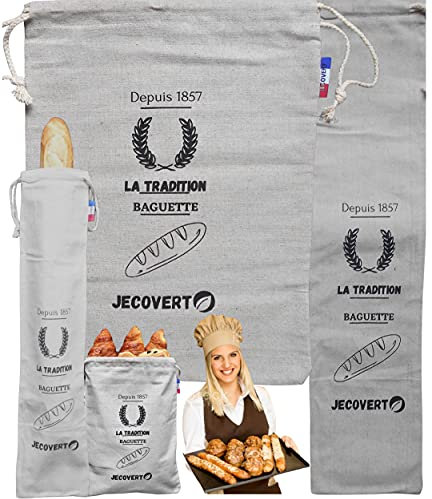 JECOVERT Sac à Pain en Lin | Kit Réutilisable écologique pour Boulangerie Rangement Alimentaire Pochon Courses Filet Baguette, Brioche, Banneton Nourriture Stockage Longue Conservation | Lot de 2 sacs