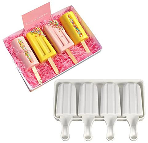 Molde Helado, Molde Helado Silicona con 50 Palos Madera, Moldes Paletas Chocolate, Molde Helados Magnum para Postre, Chocolate, DIY, 4 agujeros líneas verticales