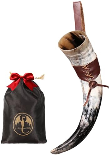 OLDEMPEROR Viking Drinking Horn - 12 Inch with Leather Holster | Handmade Beer Cup | Food Grade | Genuine Ox Horn | Natural Shine Finish | LARP | Viking Chirstmas Gifts for Men & Women