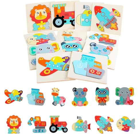 Liwein 12 Stück Holzpuzzle für Kleinkinder, tierische Puzzles für Kinder 3-6 Jahre, realistischer Stil