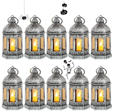 Romadedi 10er Set Mini Laterne Deko Silber - Tischdeko kleine Laterne zum Aufhängen, mit LED Kerzen für Halloween, Ramadan, Garten, Weihnachten, Hochzeit, Balkon