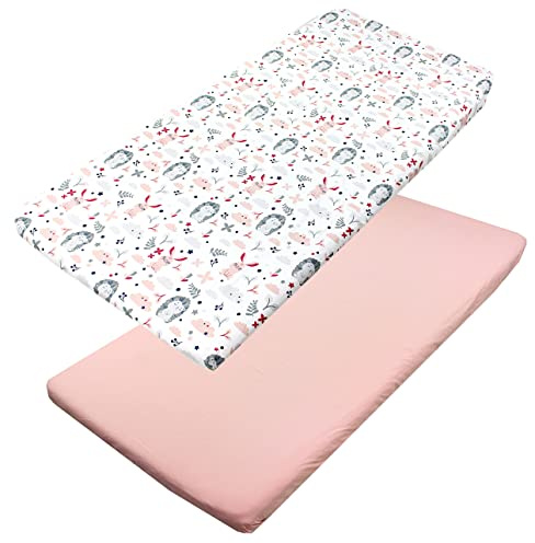 TupTam Baby Spannbettlaken Kinder Spannbetttuch für Babybett Kinderbett 2er Pack, Farbe: Igel/Hase/Rosa, Größe: 90 x 200 cm