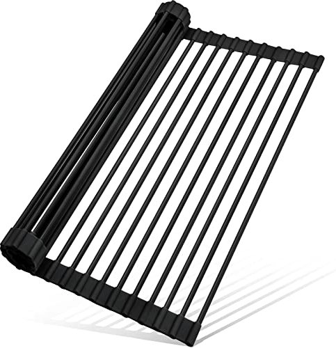 MERRYBOX Aufrollbares Abtropfgestell aus Silikon, umwickelt über die Spüle, Mehrzweck-Abtropfmatte, faltbar, rutschfest, rostfrei, für Küche, 44,5 x 33 cm, Schwarz