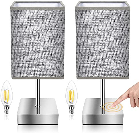 Aomeya Touch Control Table Lamp Set of 2, 3-Way Dimmable Bedside Lamps Nightstand Lamps with Flaxen Fabric Shade for Bedroom Living Room,LED Bulb Included (Grey-2Pcs)