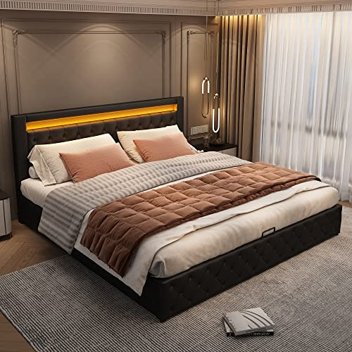 KecDuey Polsterbett 180 x 200 cm,Doppelbett Funktionsbett mit Lattenrost und Stauraum, LED-Beleuchtung, mit Funktion von Aufbewahrung, Schwarz