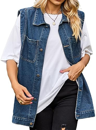 PAODIKUAI Giubbotto in Denim da Donna, Giubbotto Lungo Senza Maniche, Giubbotto in Jeans, Giubbotto Svasato, Giubbotto in Cotone, A7-blu., XX-Large