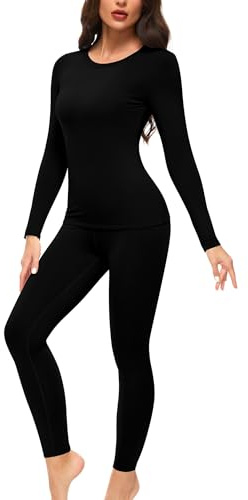 Ganado Thermounterwäsche Set Damen Innenfleece Thermowäsche Thermo Oberteil und Thermohose Leggings Winter Warm Unterwäsche Funktionsunterwäsche (Schwarz, L)