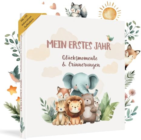 HuBorns - Mein Erstes Jahr Babyalbum bis 5 Jahre zum Einkleben von Fotos und Schreiben mit 50+ Seiten und Stickern, Fotoalbum Baby Mädchen und Jungen, Erinnerungsbuch Ideal als Geschenke zur Geburt