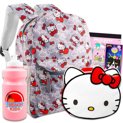 Hello Kitty Travel Backpack and Lunch Box Set - Hello Kitty Large Backpack, Hello Kitty Lunch Bag, Water Bottle, Stickers & More | Hello Kitty Backpack