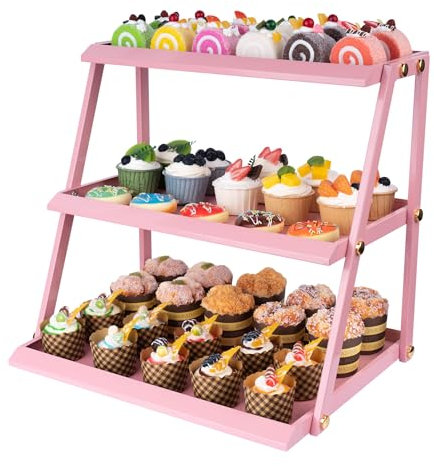 WWN Thickened metal 3 Tier Cupcake Stand with Pink Coating - Elegant Dessert Tower- Cookie Tray Rack- Tea Party Serving Platter- Easy Assembly Pink Cake Stand for Wedding Baby Shower