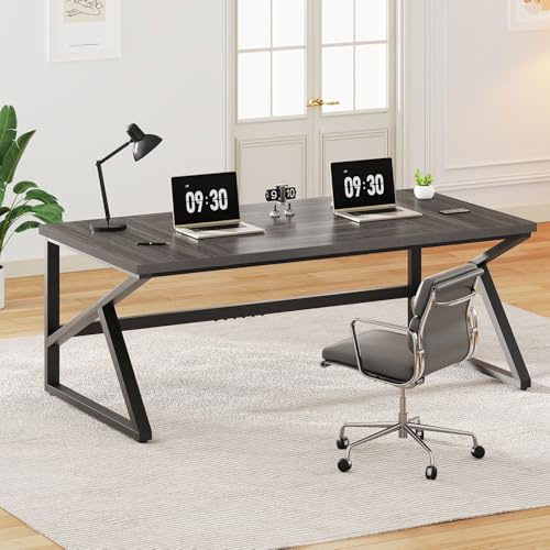 IBF 180cm Long Desks for Home Office, Large Metal Wooden Computer Desk for 2 Monitors, 2 Person Desk for Executive Work Writing Study Gaming, Industrial Modern Big Double Desk, Dark Gray Oak