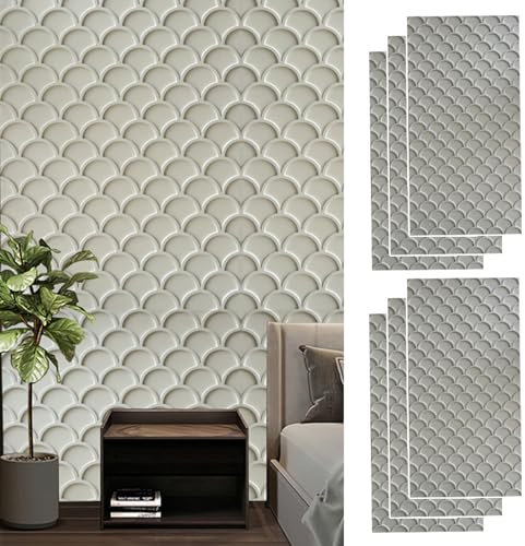 Set of 6 PU Wall Panels Fish Scale Brick Texture Pattern, Interior Exterior 3D Panel Accent Wall Cladding 15 Sq Ft Coverage, Wall Decoration Panelling Kit(White)
