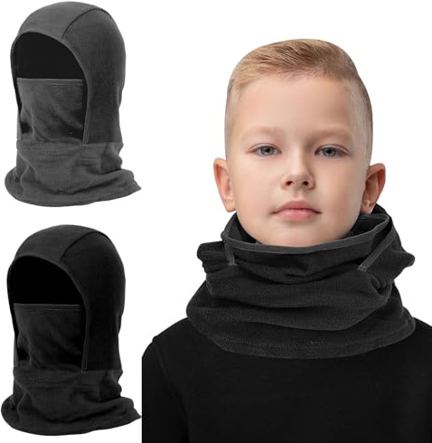 2 Pack Kids Balaclava Face Mask for Boys Girls, Windproof Winter Hat Ski Mask for Cold Weather, Breathable Face Warmer for Sports Skiing Cycling (UK, Alpha, One Size, Black+Dark Gray)