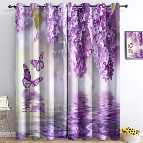 Verdunkelungsvorhänge wärmeisoliert kälteisolierend, H215 x B110 cm (2er Pack) Vorhänge für Wohnzimmer und Schlafzimmer Blickdichte Gardinen, Blumen Flieder Schmetterling Design mit Ösen, Lila