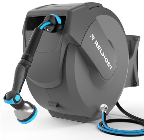 Relhost Retractable Garden Hose Reel 100 ft x 1/2 in, Heavy Duty Hose Reel Wall Mount with Any Length Lock, Auto Rewind System, 180° Swivel Bracket, 10-Pattern Garden Hose Nozzle, Dark Grey
